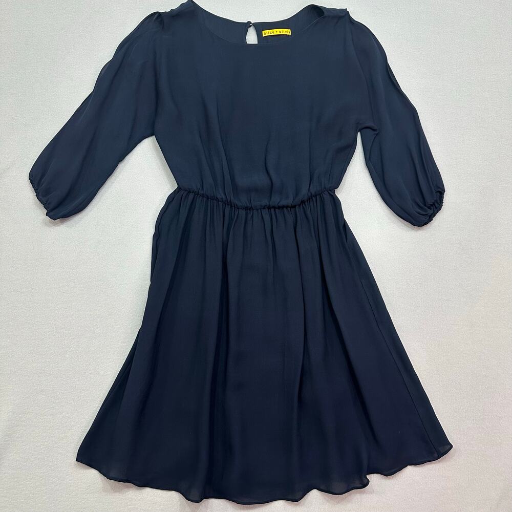 Alice + Olivia Navy Blue 100% Silk Cold Shoulder Long Sleeve Mini Dress Size S - Picture 5 of 12
